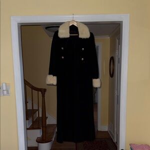 Black Long Pea Coat with Cream Fur Collar & Cuffs